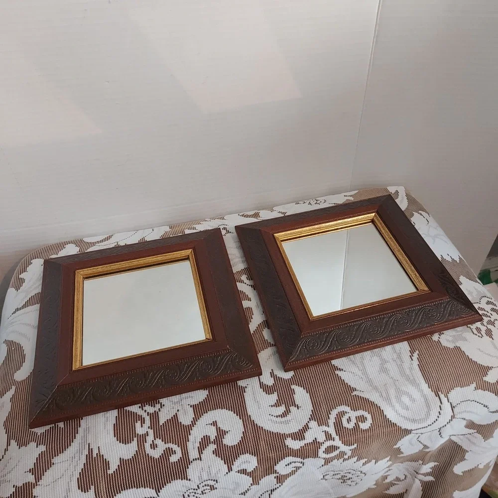 Home Interiors & Gifts Vintage Square Wall Mirrors Brown Gold Scroll Set of 2